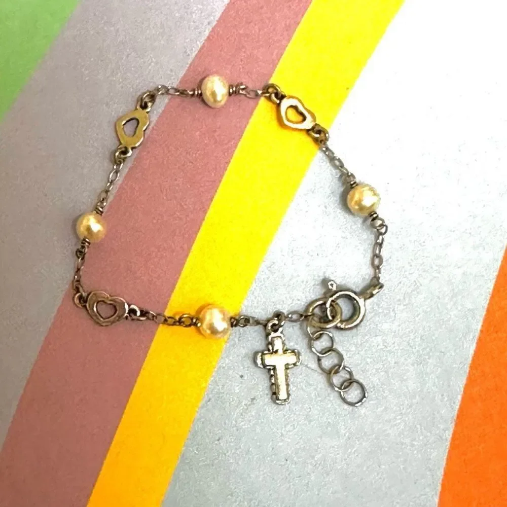 Sterling silver pearl Childs cross charm religious bracelet